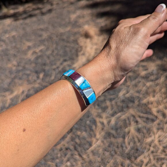 Native American Multi‎ Stones Cuff Bracelet Sterling Silver Signed Sz 6.5 in. ** - Picture 10 of 12